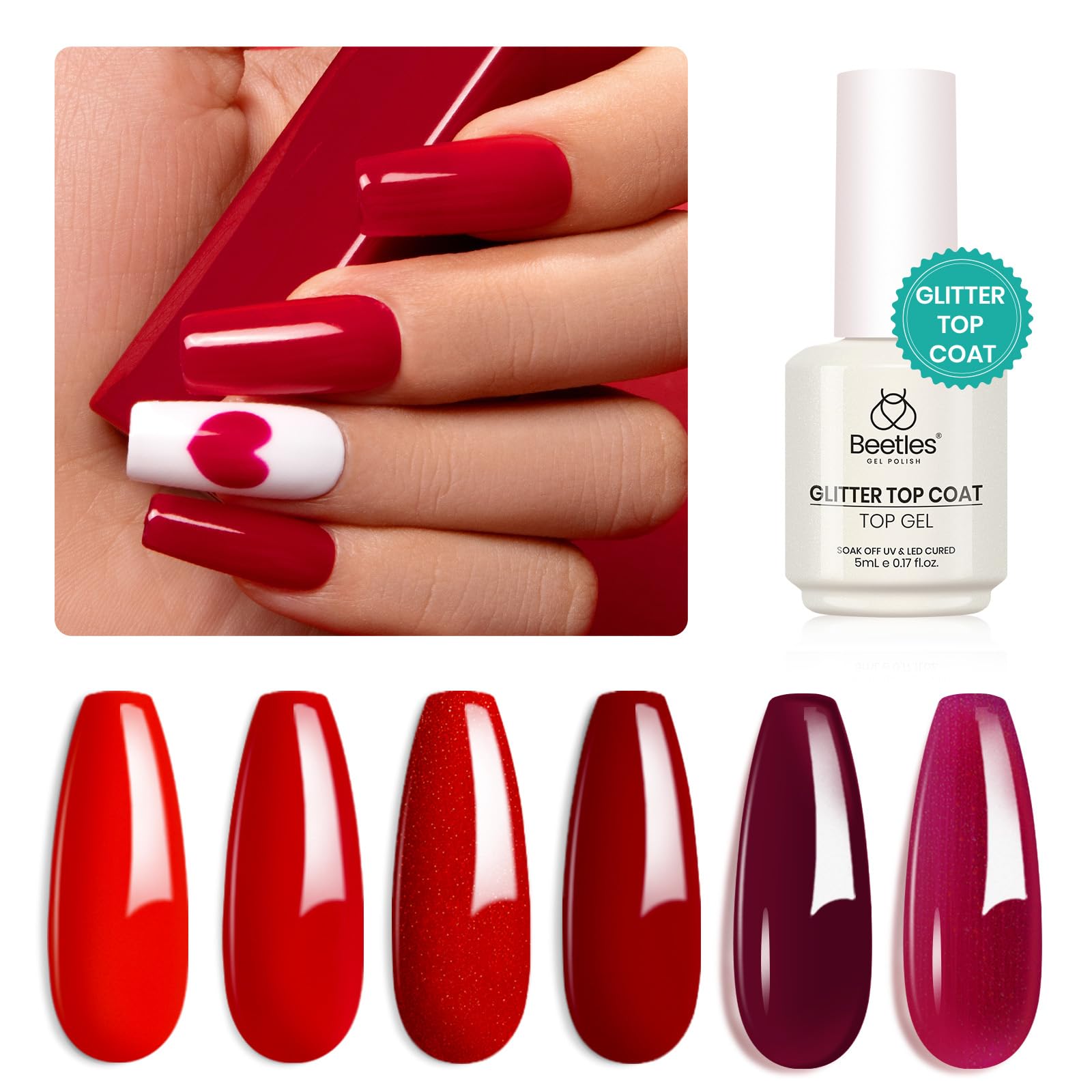 Beetles vernis gel rouge bouteilles tournées, vue dynamique.
