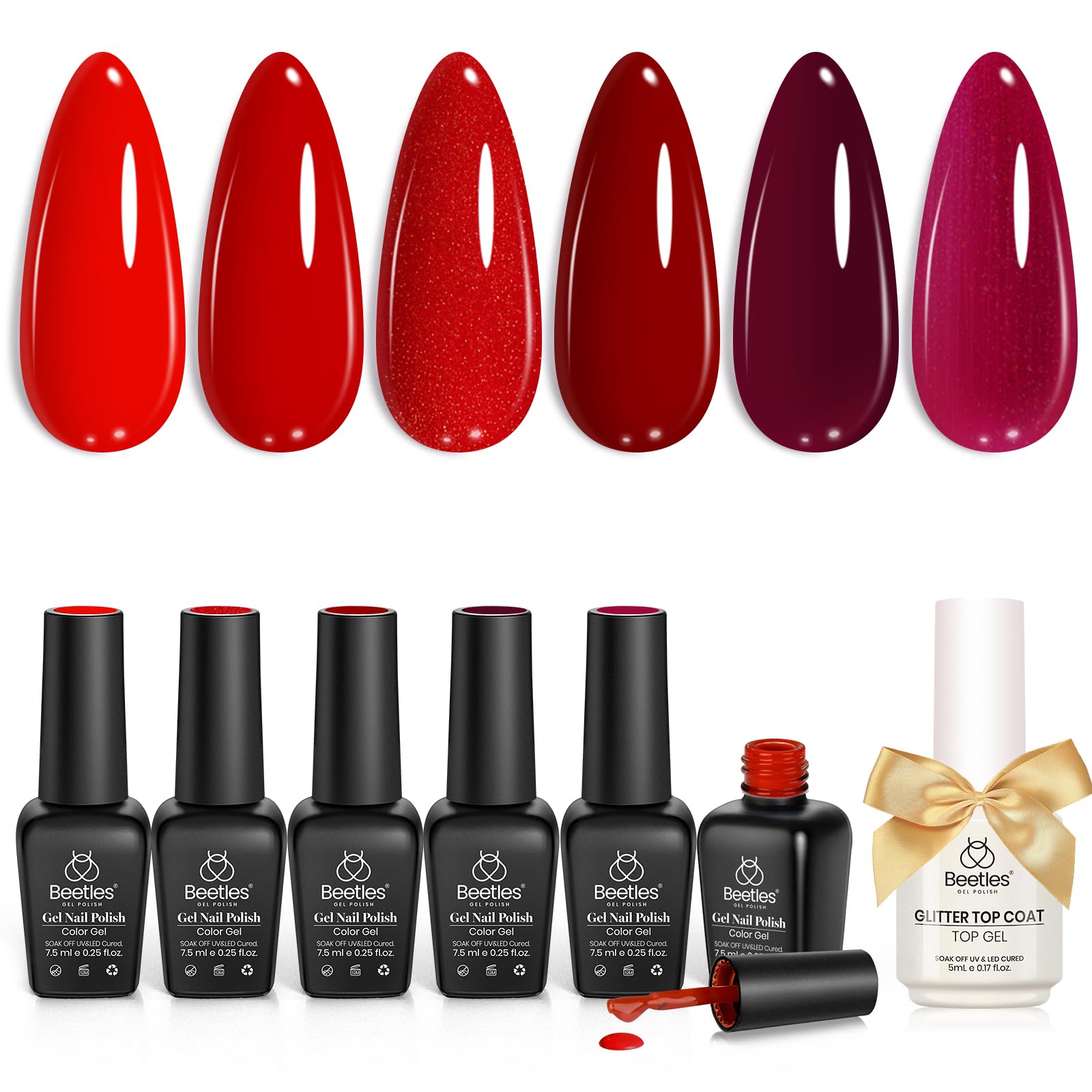 Beetles vernis gel rouge ensemble 6 couleurs, coffret élégant pour manucure à domicile.