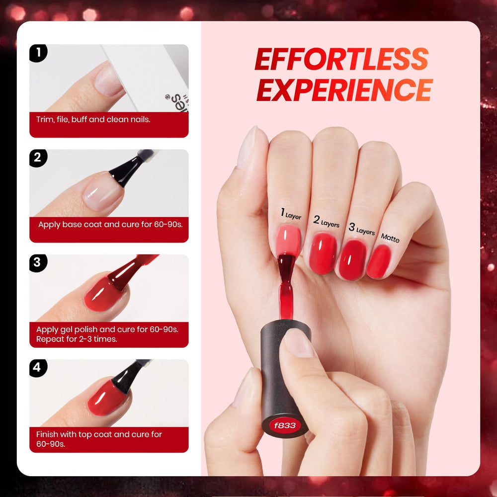 Beetles vernis gel rouge clair, rendu translucide pour un effet naturel.