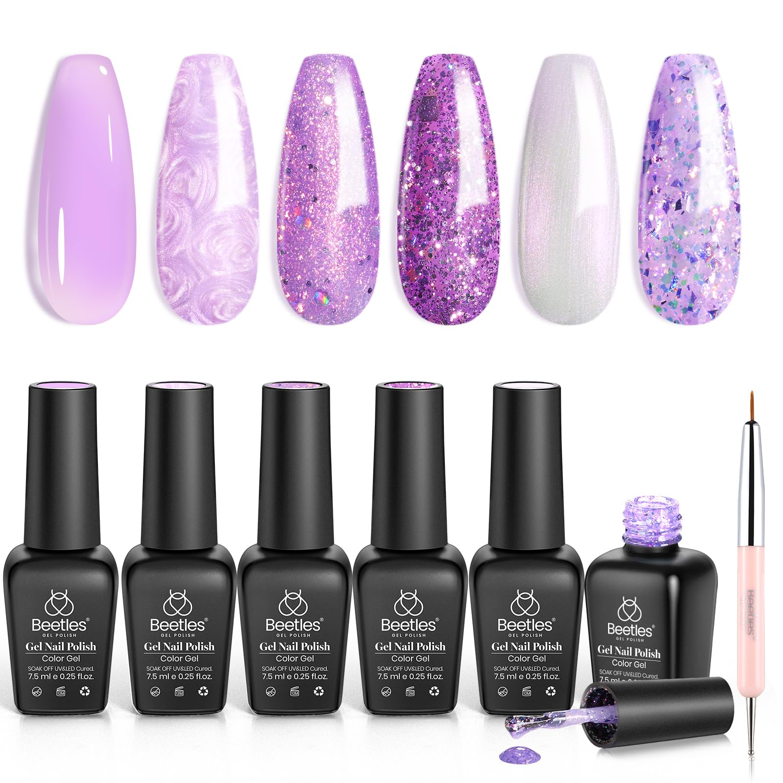 Beetles Gel Polish Violet : ensemble 6 couleurs nacrées pour une manucure éclatante.