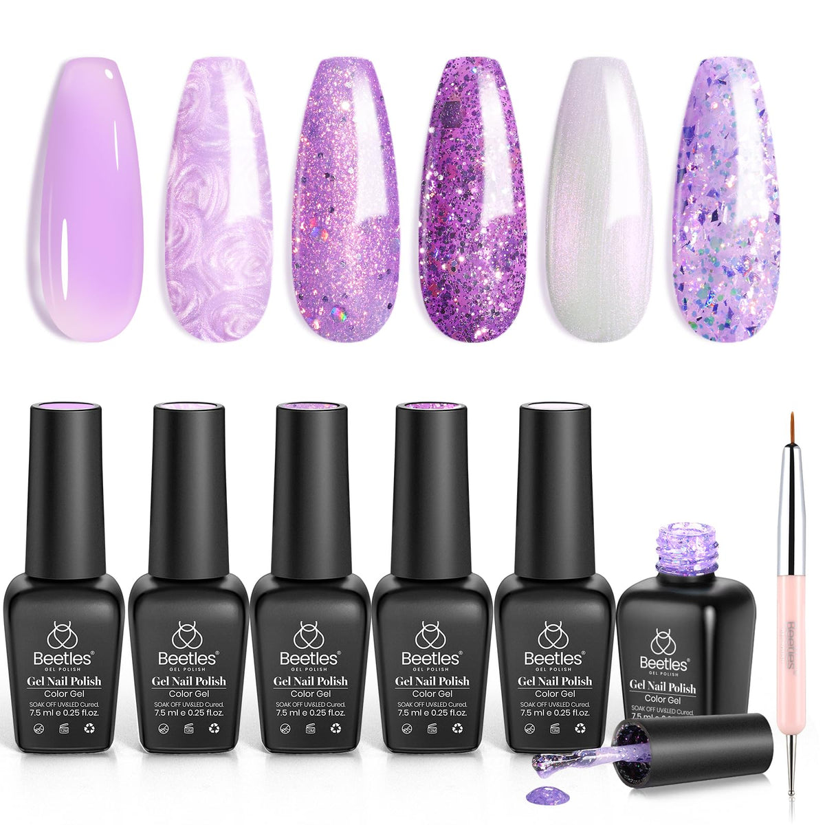 Beetles Gel Polish Violet : ensemble 6 couleurs nacrées pour une manucure éclatante.