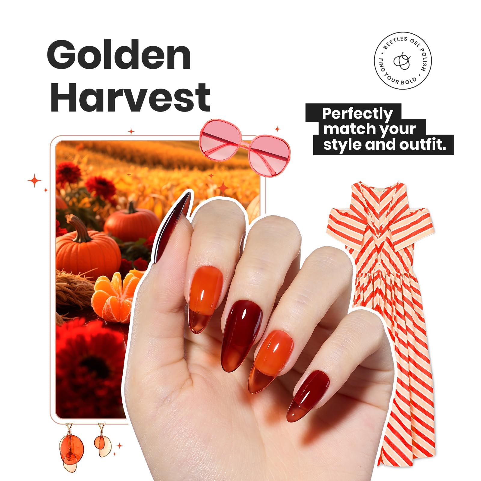Beetles Gel Polish Valentines Golden Harvest couleur rouge profond pour un look chic.