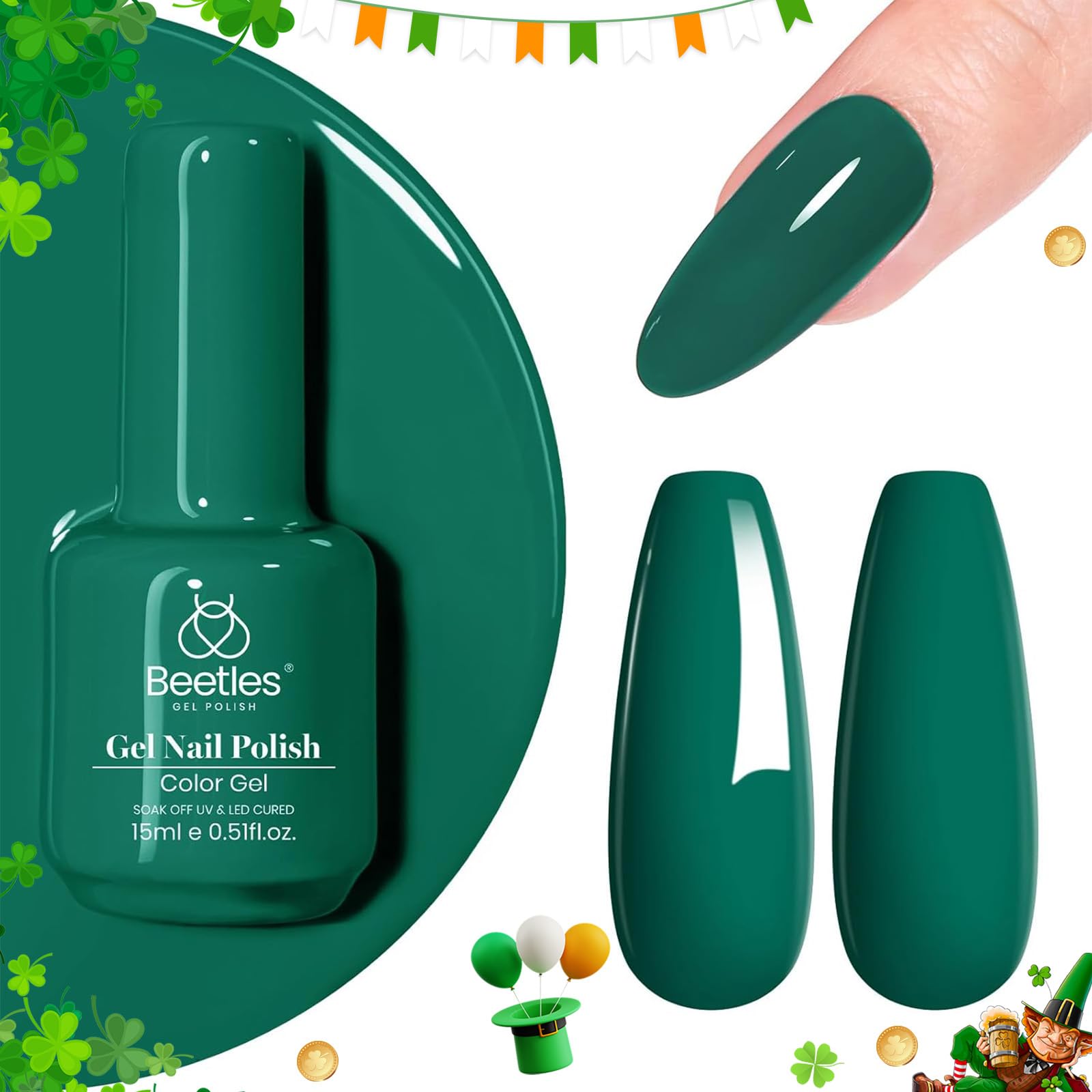 Beetles Gel Polish vert émeraude en bouteille, couleur riche et durable.