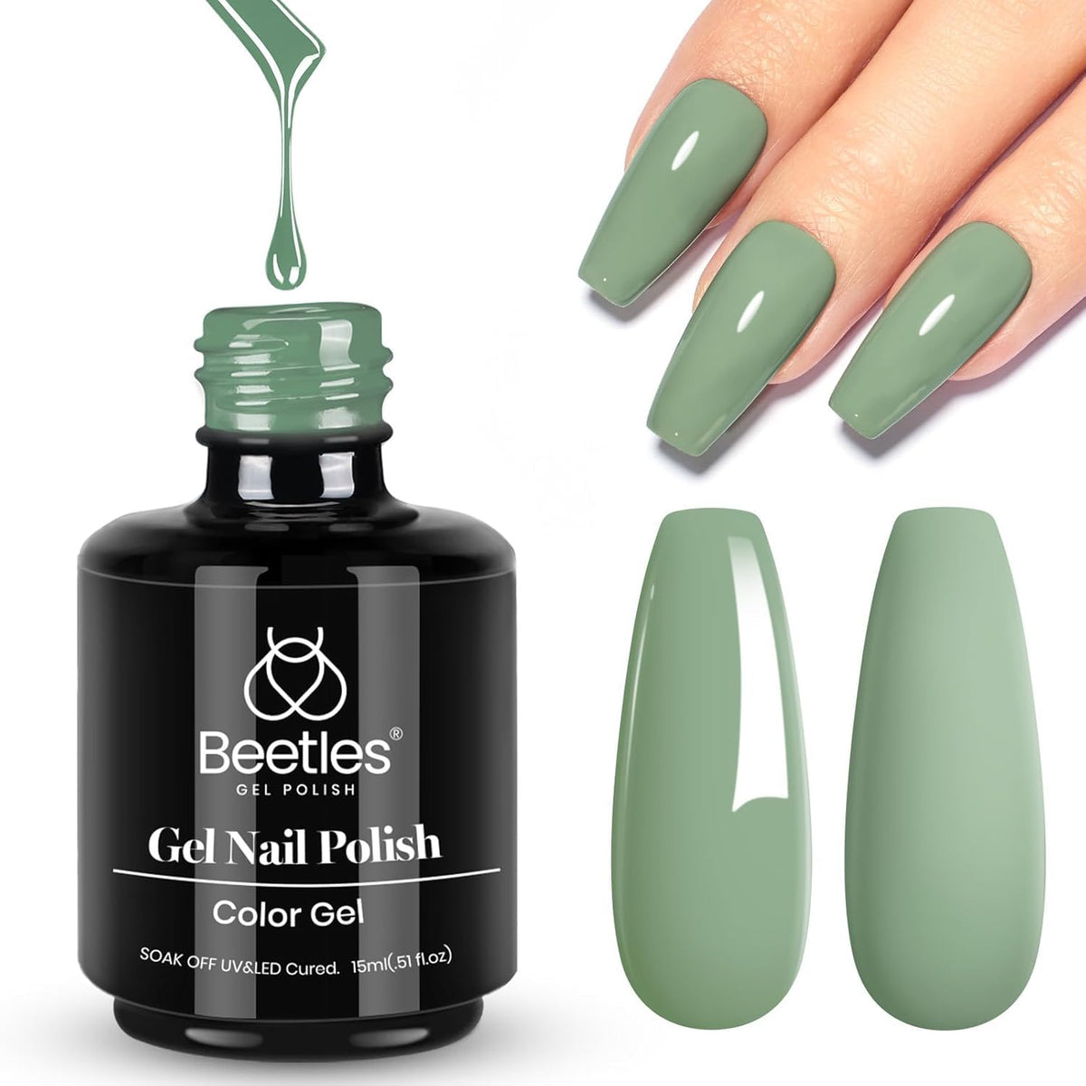 Beetles vernis gel vert émeraude olive sauge sur ongles, couleur tendance