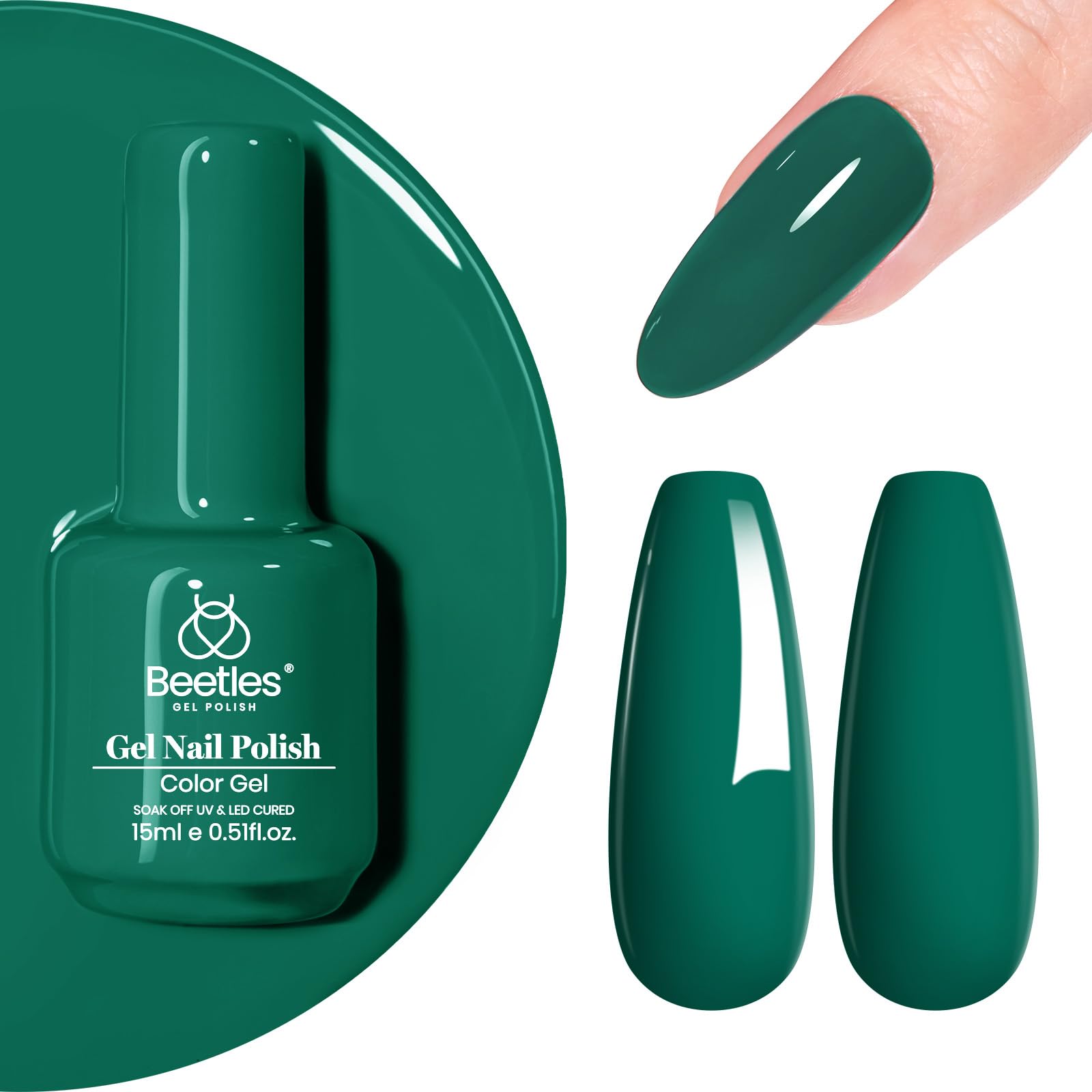 Beetles Gel Polish vert émeraude et pinceau, application fluide et précise.