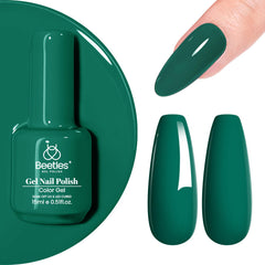Beetles Gel Polish vert émeraude et pinceau, application fluide et précise.