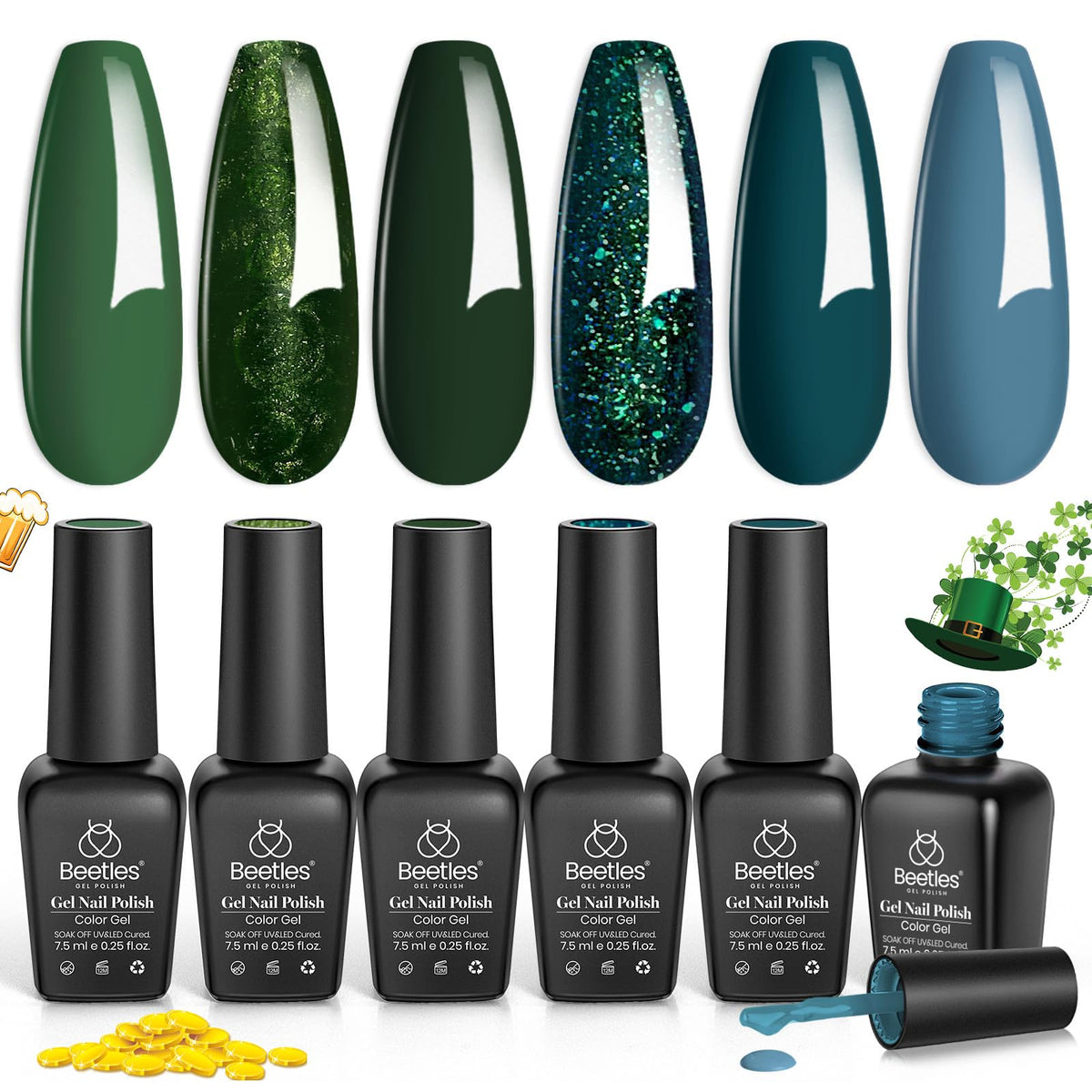Beetles Vernis Gel Vert Forêt Infinie, palette de 6 couleurs pour une manucure tendance à la maison