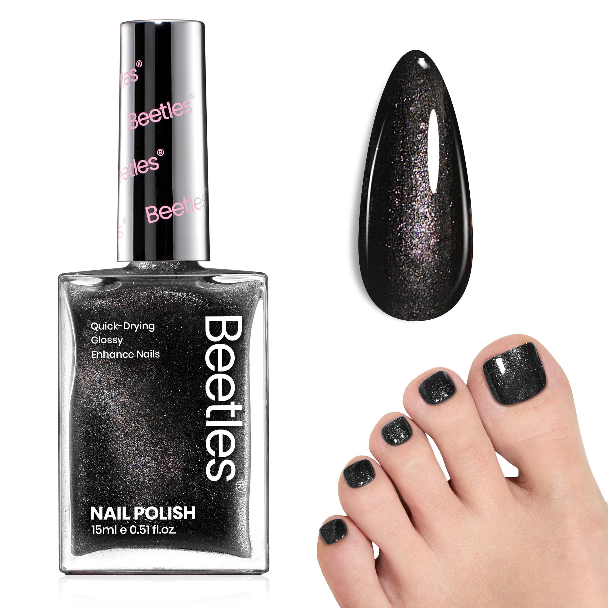 Beetles vernis noir pailleté sur bouteille, effet scintillant et application rapide.