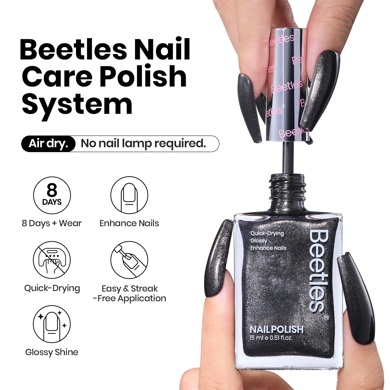 Beetles vernis noir pailleté, fini brillant prêt à sécher rapidement.