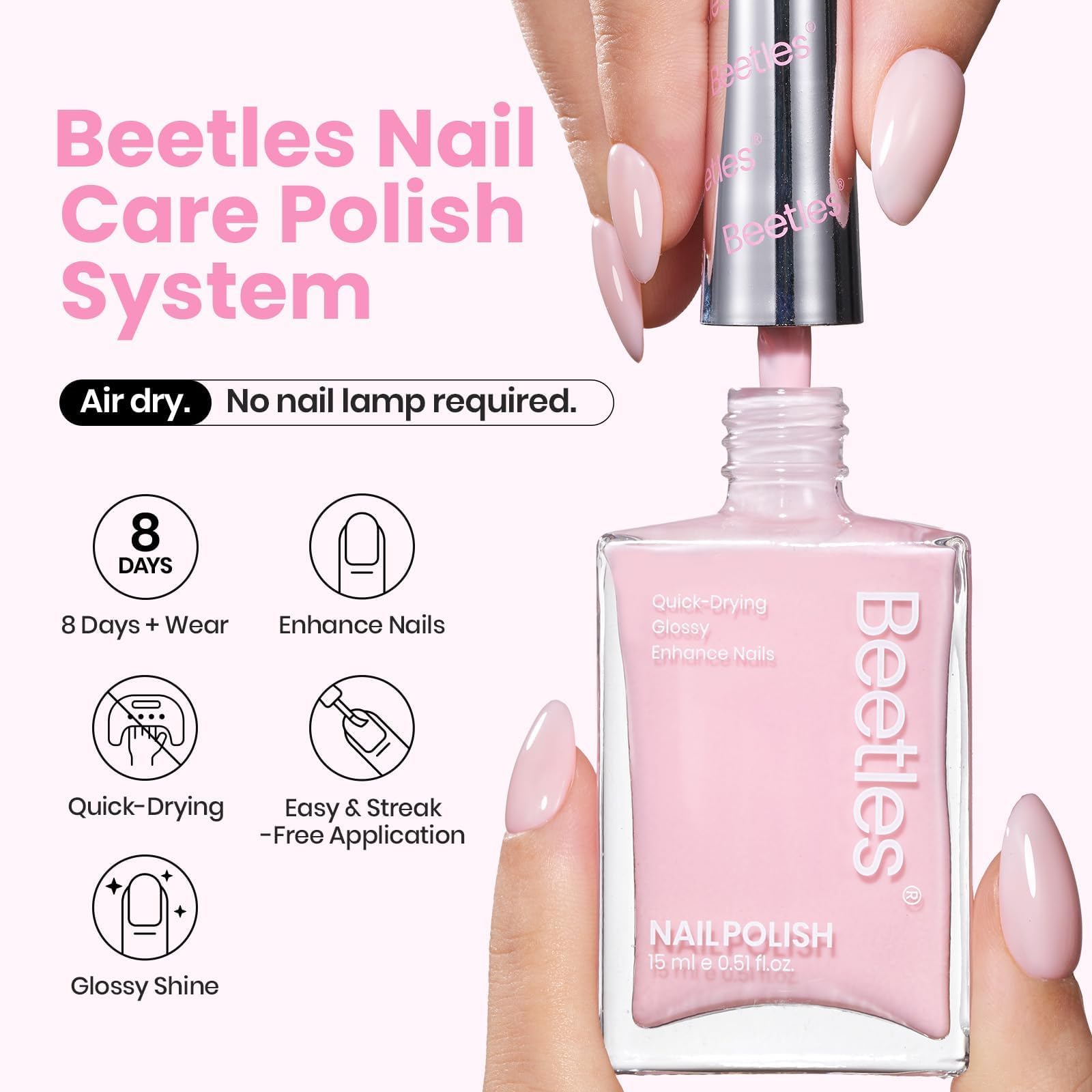 Beetles vernis rose nuage : application fluide et séchage rapide pour gagner du temps.