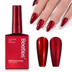 Vernis Beetles rouge chrome en bouteille: effet miroir brillant et durable.