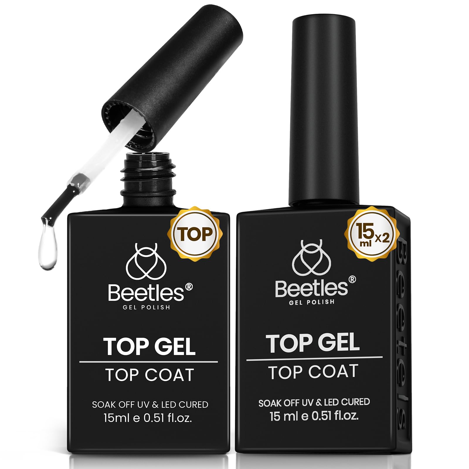Beetles vernis-top-coat 2-pieces-15ml: bouteille claire et brillance durable.