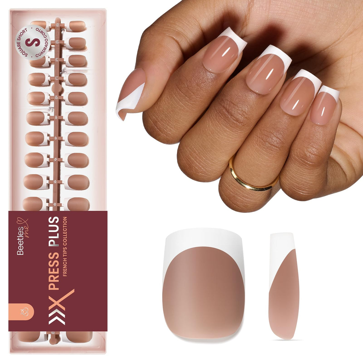 Beetles X Press Plus French Tip Nails Caramel French, short square shape for salon-like results.