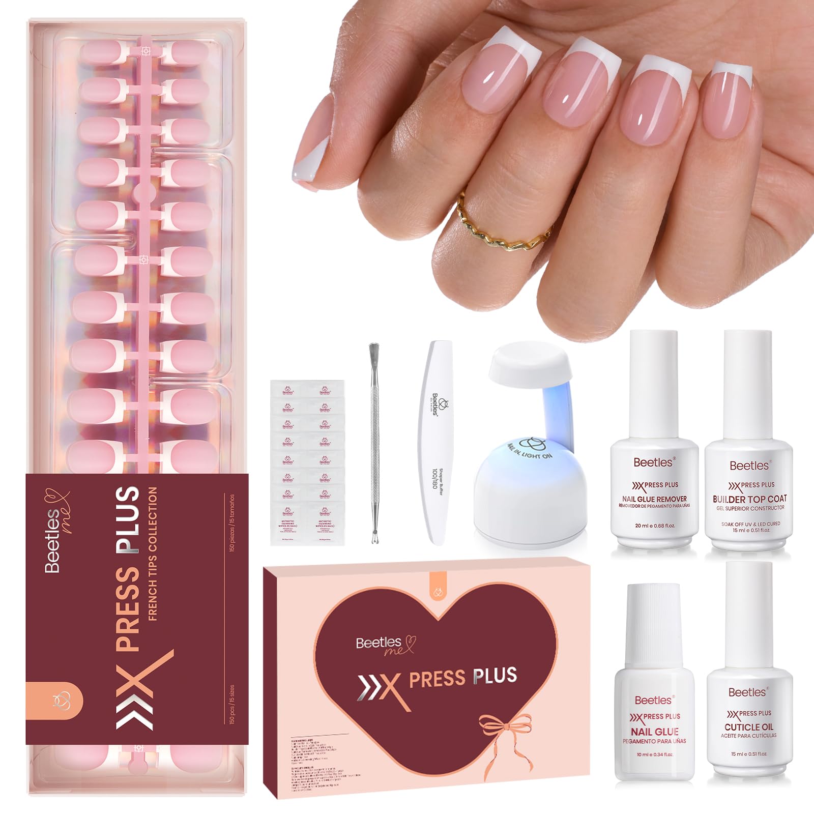 Beetles X Press Plus kit-contenu: aperçu du contenu tout-en-un pour ongles gel.
