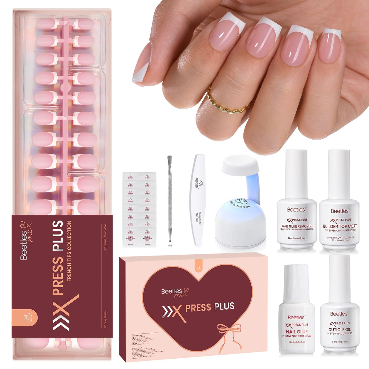 Beetles X Press Plus kit-contenu: aperçu du contenu tout-en-un pour ongles gel.