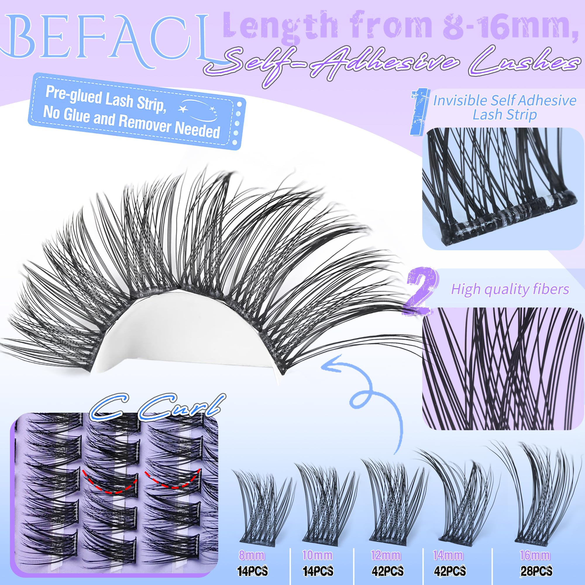 BEFACL cils clusters auto-adhésifs 10 mm pour un volume léger.