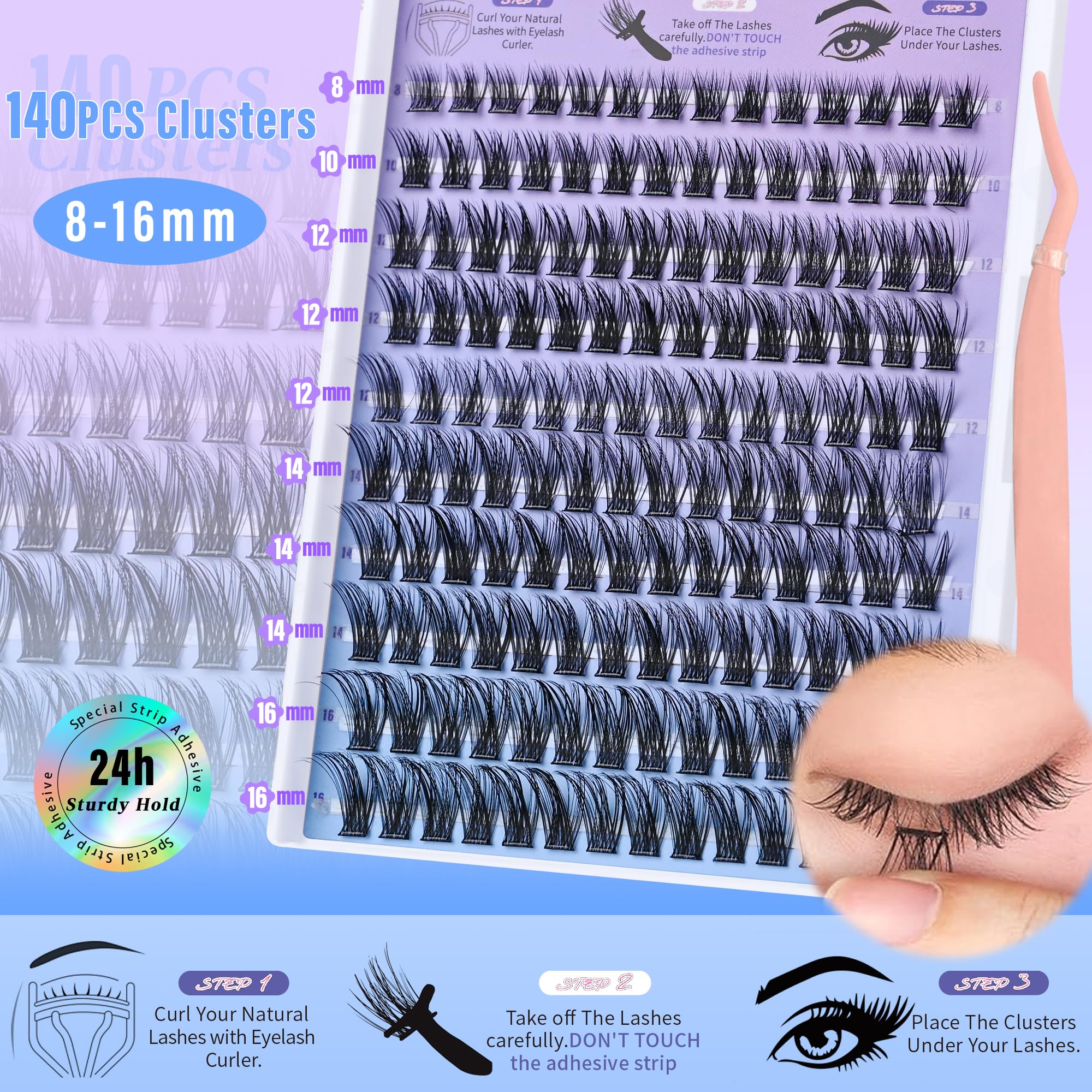 BEFACL cils clusters auto-adhésifs 14 mm, regard légèrement étoffé.