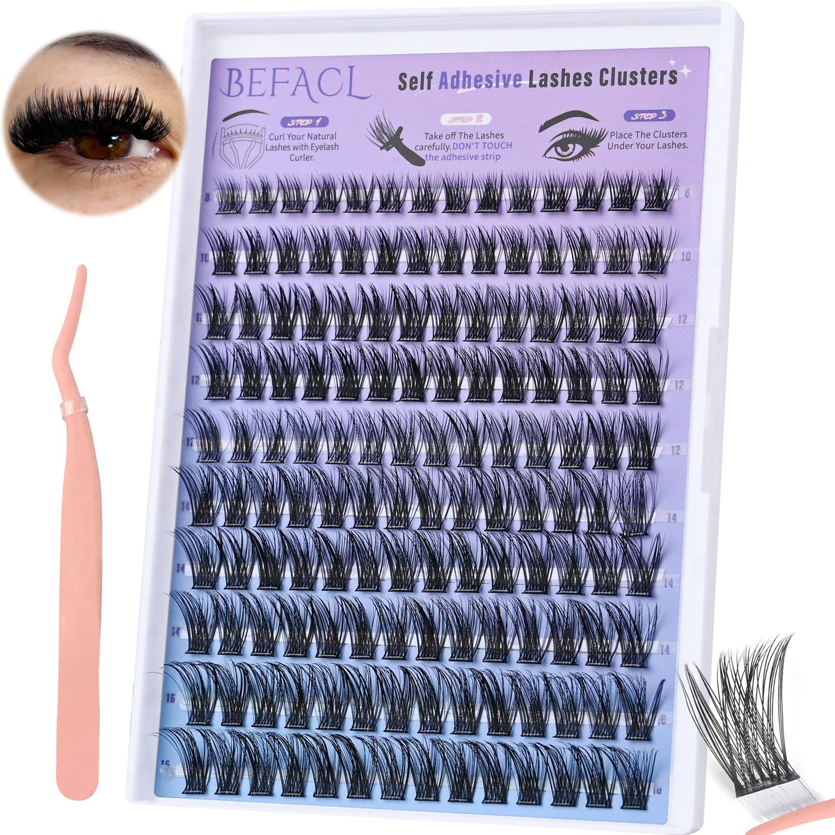BEFACL cils clusters auto-adhésifs 8 mm pour un look naturel et rapide.