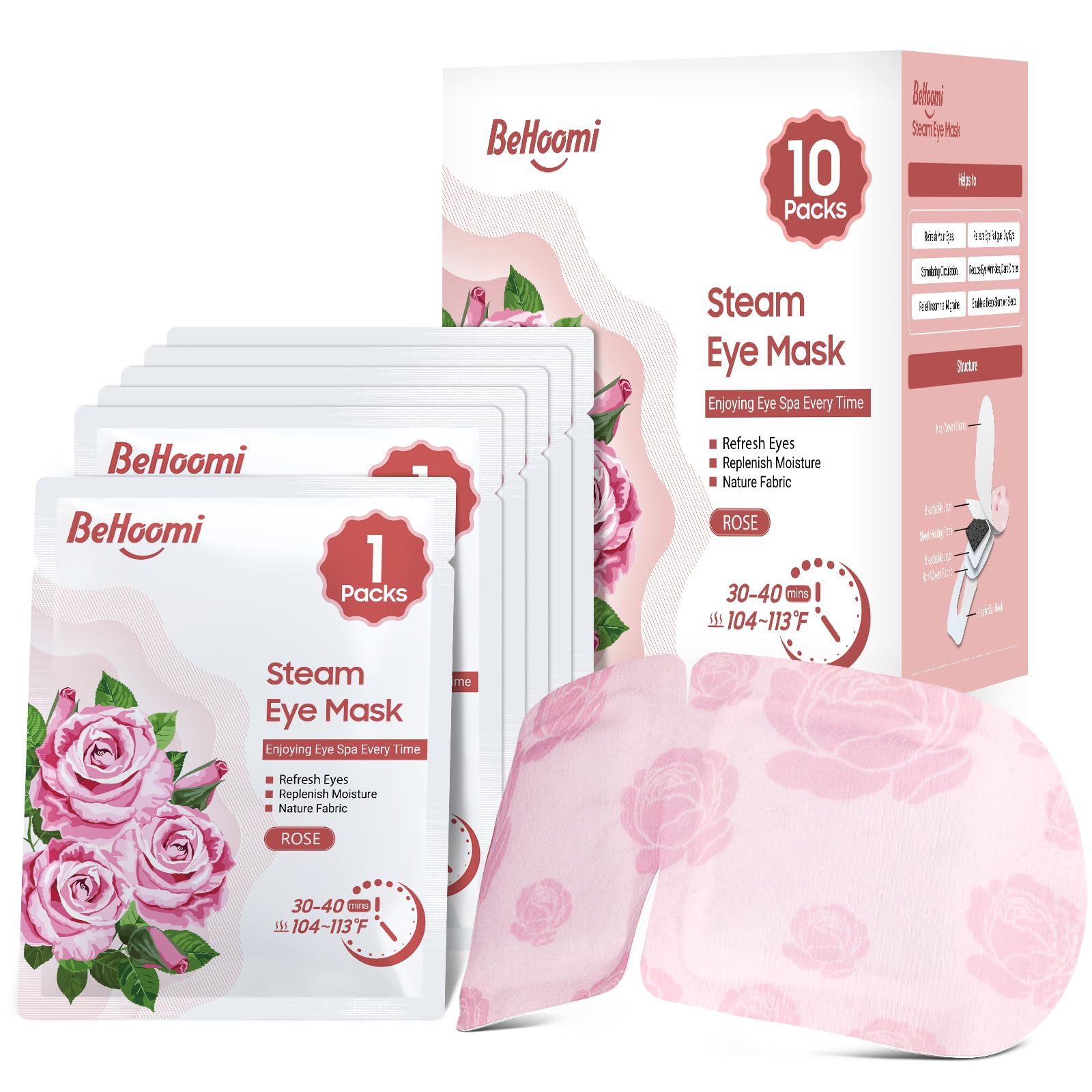 BeHoomi masque yeux chauffant Rose — emballage pratique pour relaxer les yeux.