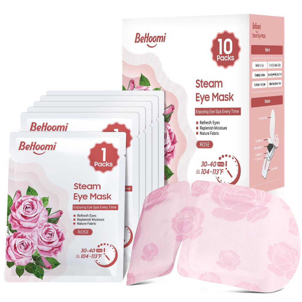 BeHoomi masque yeux chauffant Rose — emballage pratique pour relaxer les yeux.