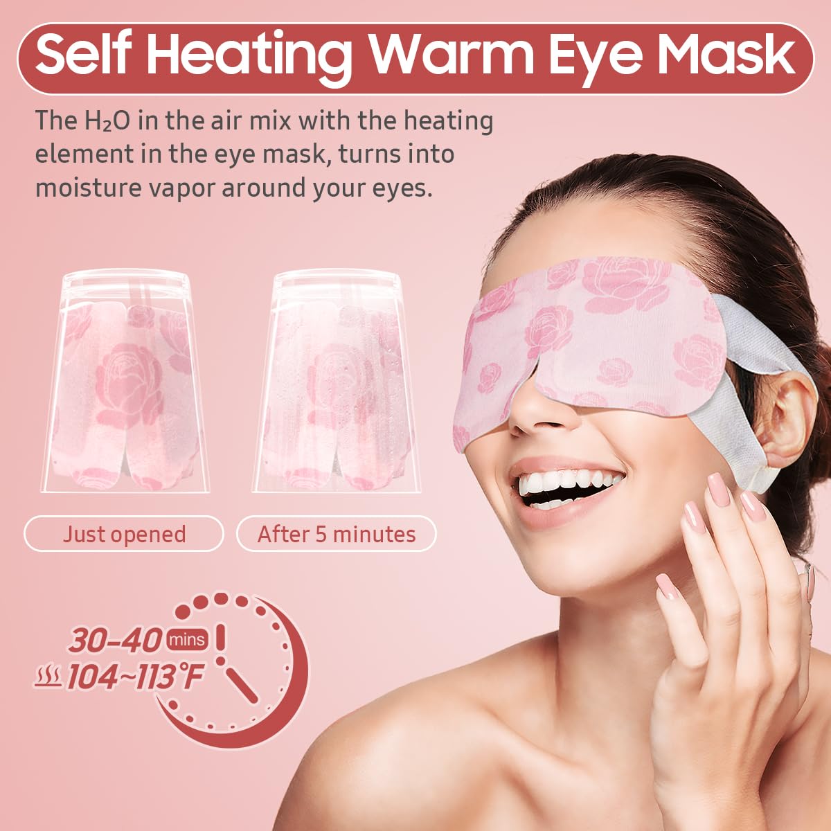BeHoomi masque yeux chauffant Rose — portable, parfait pour le trajet et le voyage.