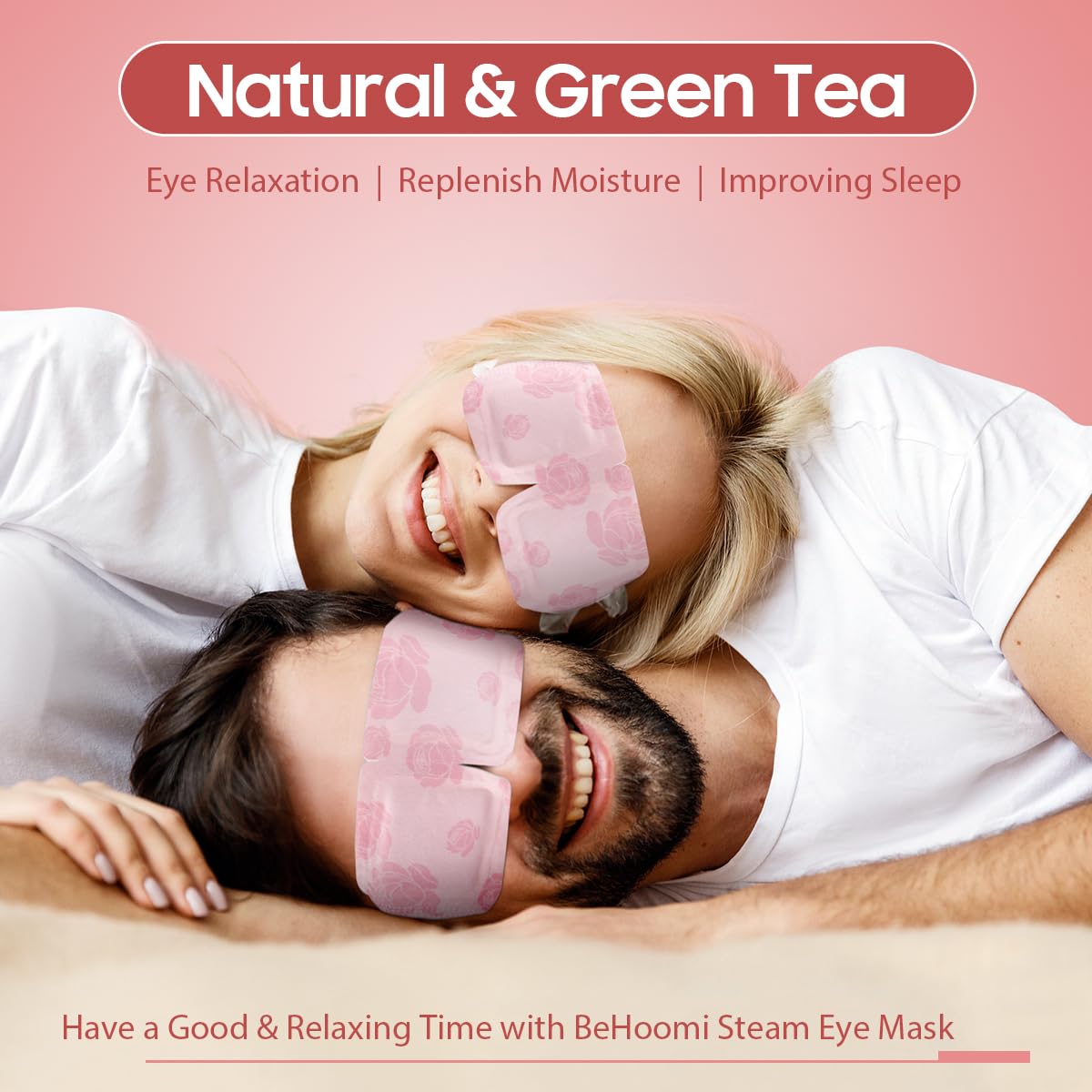 BeHoomi masque yeux chauffant Rose — utilisation rapide pour pause détente au travail.