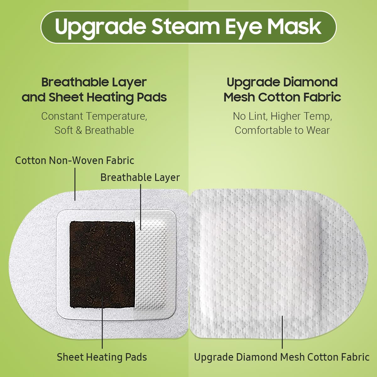 BeHoomi masque yeux chauffant vert attaches-oreilles elastiques, ajustement confortable.
