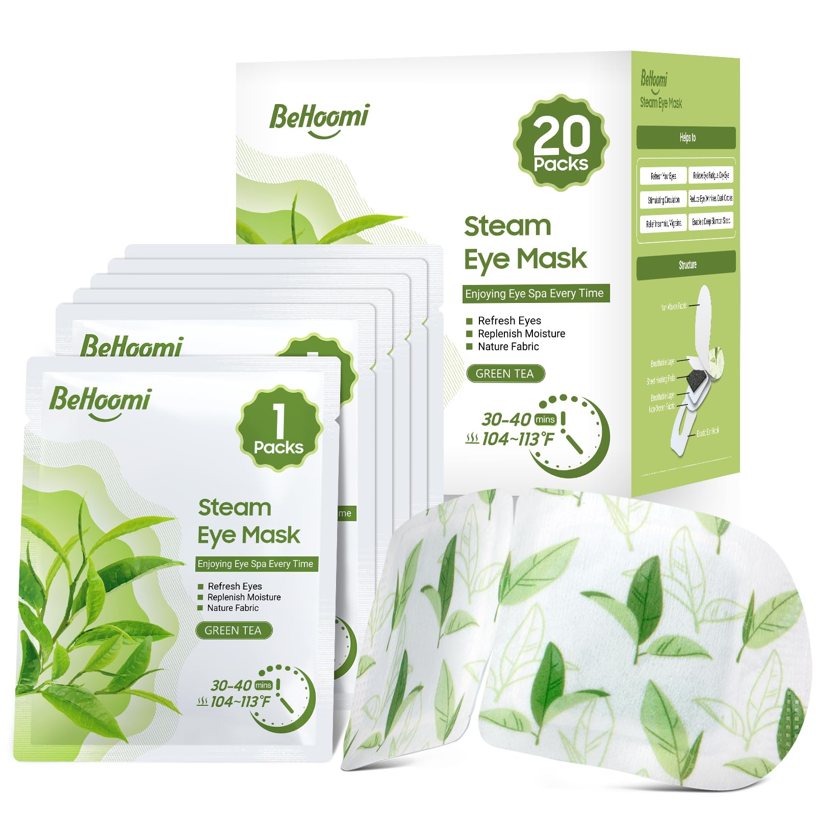 BeHoomi masque yeux chauffant vert dans l emballage prêt à tester pour le confort.