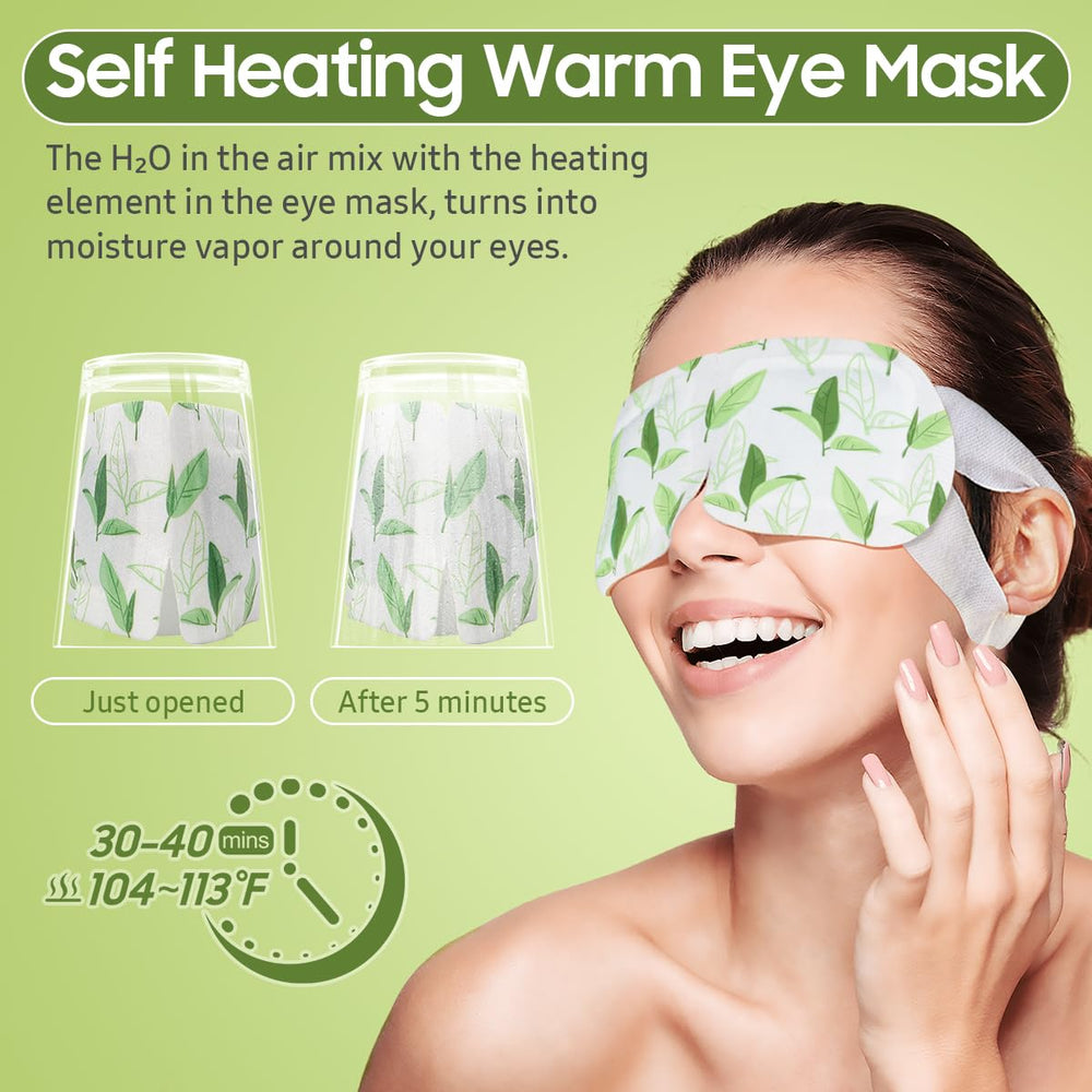 BeHoomi masque yeux chauffant vert pour voyage, compact et pratique.