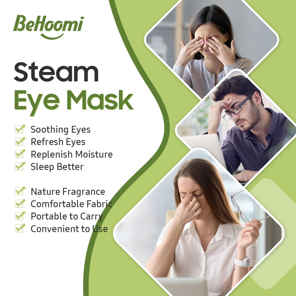 BeHoomi masque yeux chauffant vert sur les yeux, expérience apaisante et réconfortante.