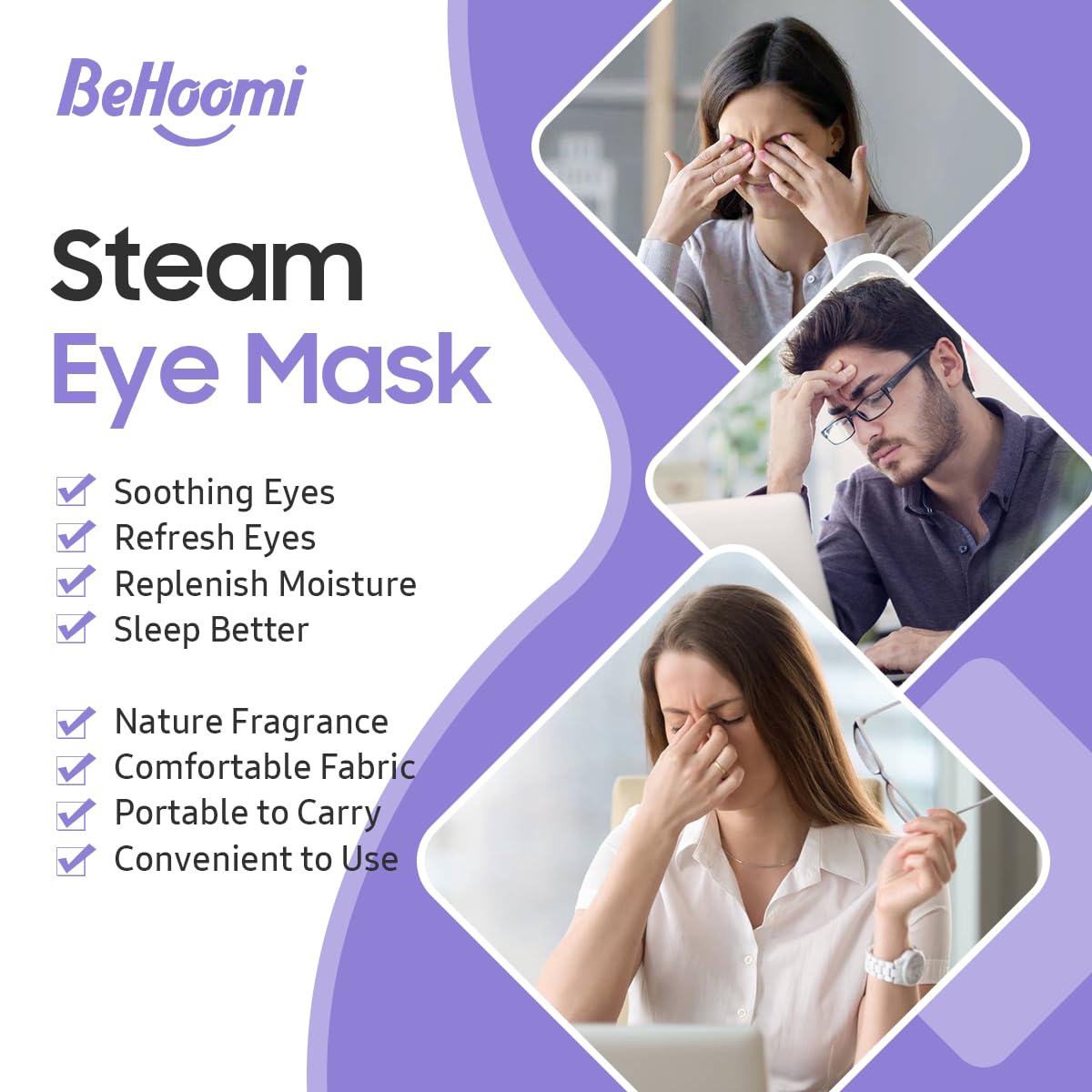 BeHoomi masque yeux à elastiques flexibles – ajustement universel et portabilité.