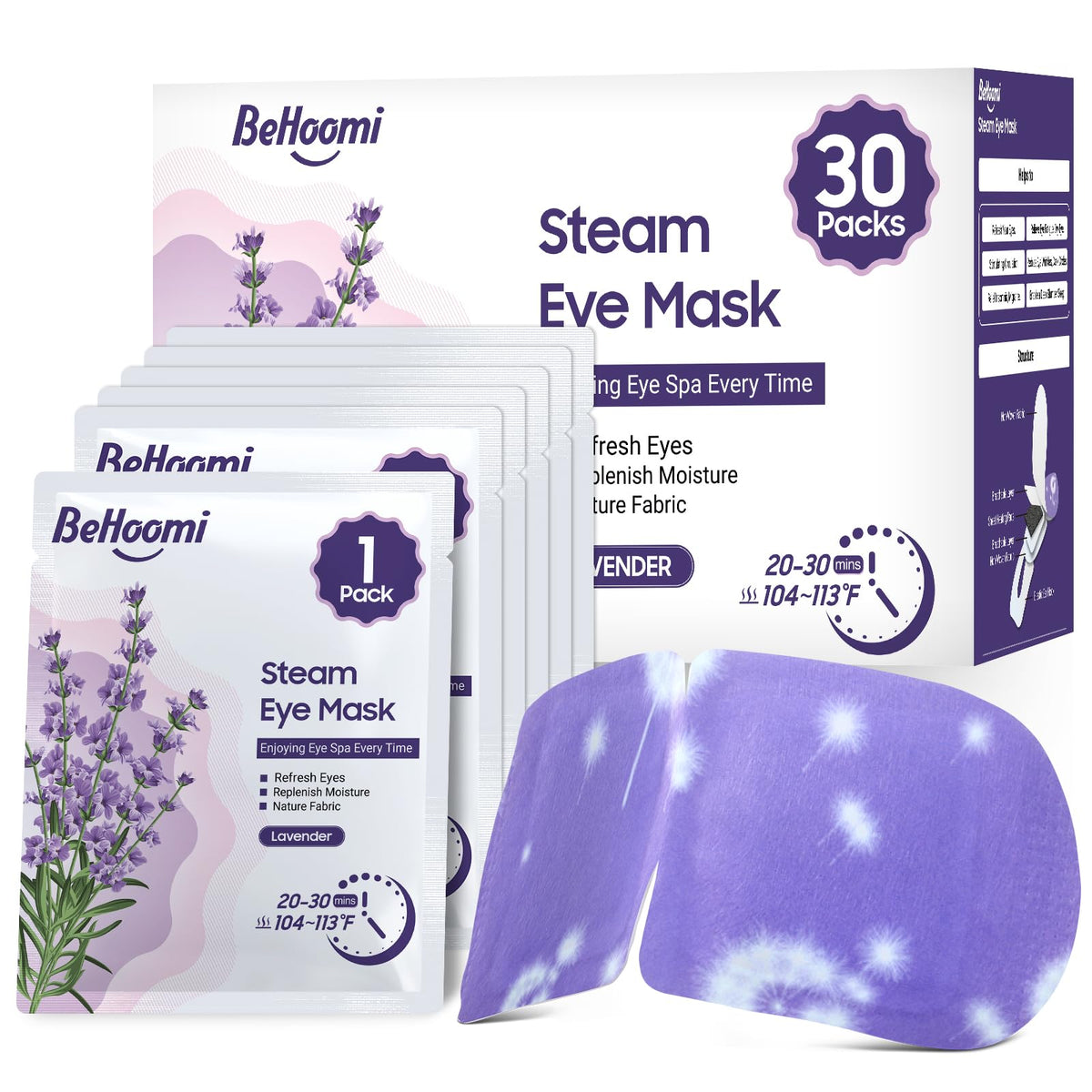 BeHoomi masque yeux vapeur chaud, prêt à emporter, 30 paquets, relaxation rapide.