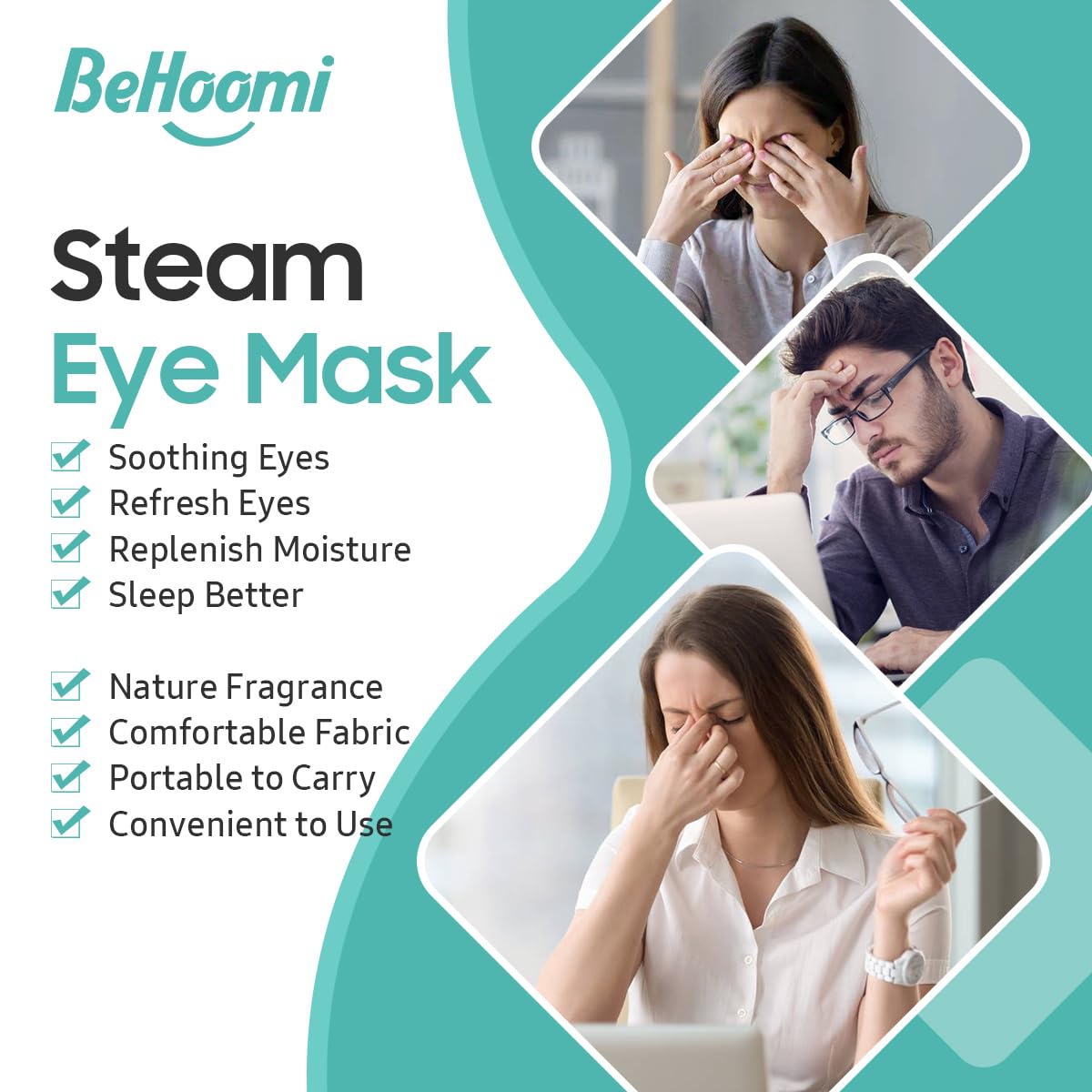 BeHoomi Masque Yeux Vapeur – confort et ajustement adaptés à tout visage.