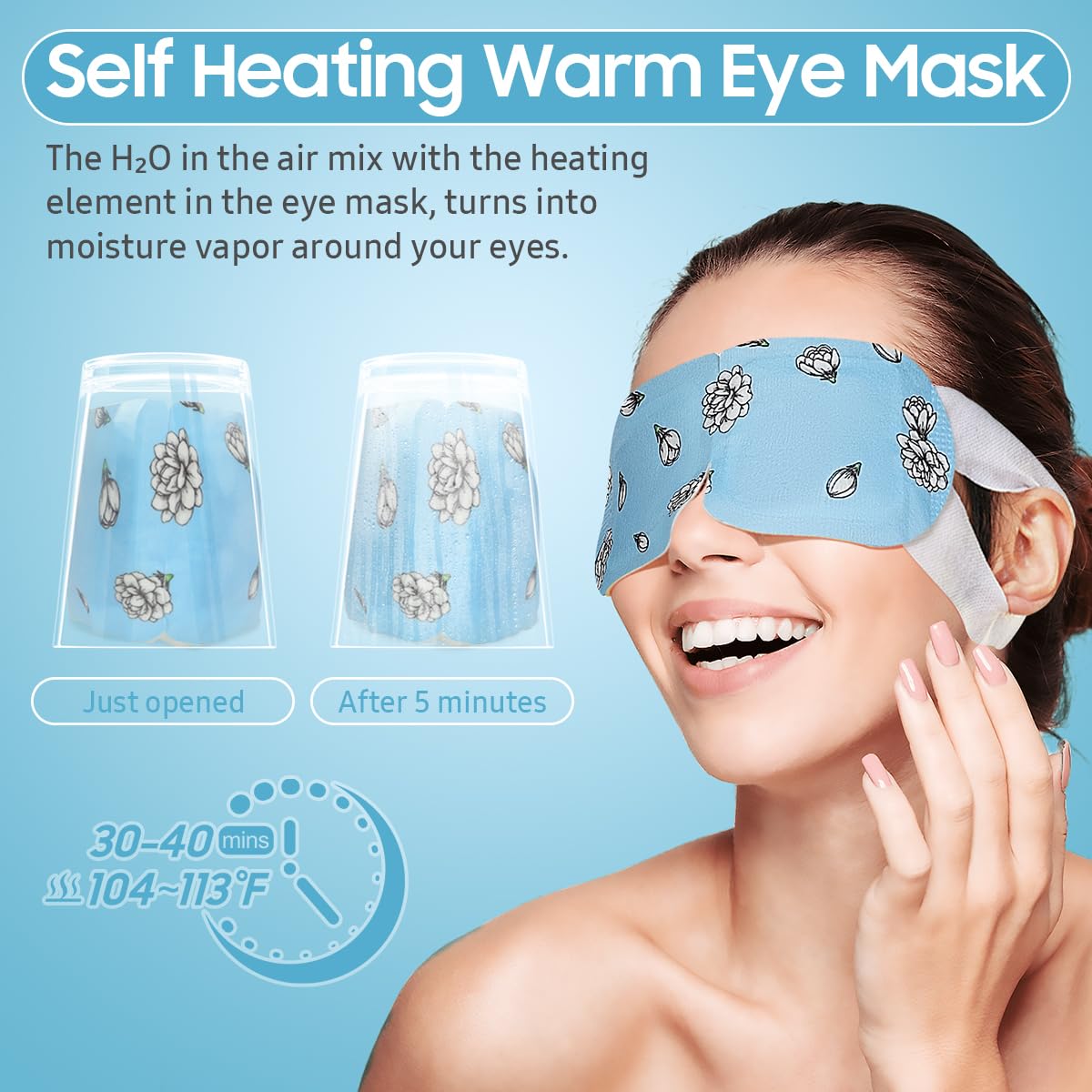 BeHoomi masque yeux vapeur Jasmin — température douce entre 40 et 45 °C