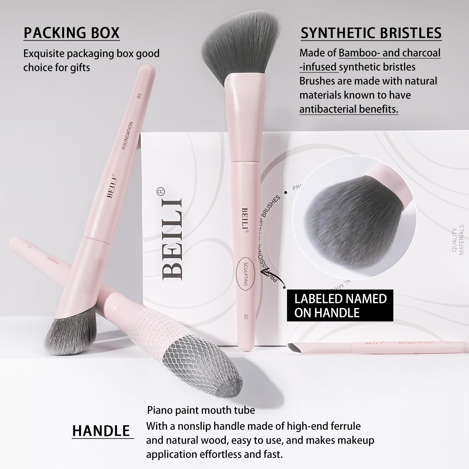 Pinceaux BEILI visage poudre rose, texture lisse et fini sans stries.