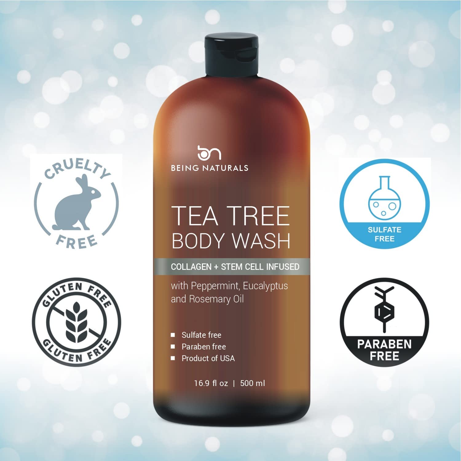 Being Naturals Tea Tree Body Wash suitable for sensitive skin and all skin types.
