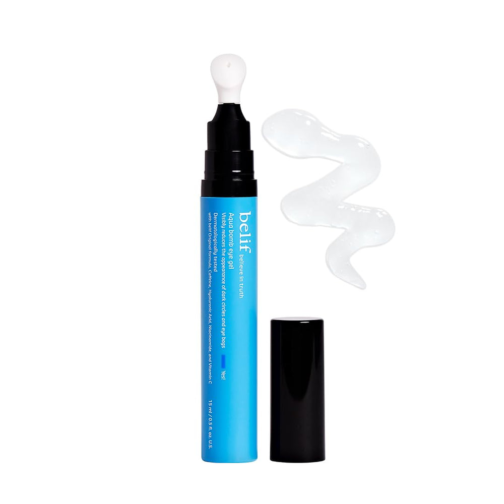 belif Aqua Bomb Gel Yeux avec applicateur céramique pour réduire les poches et rafraîchir le regard