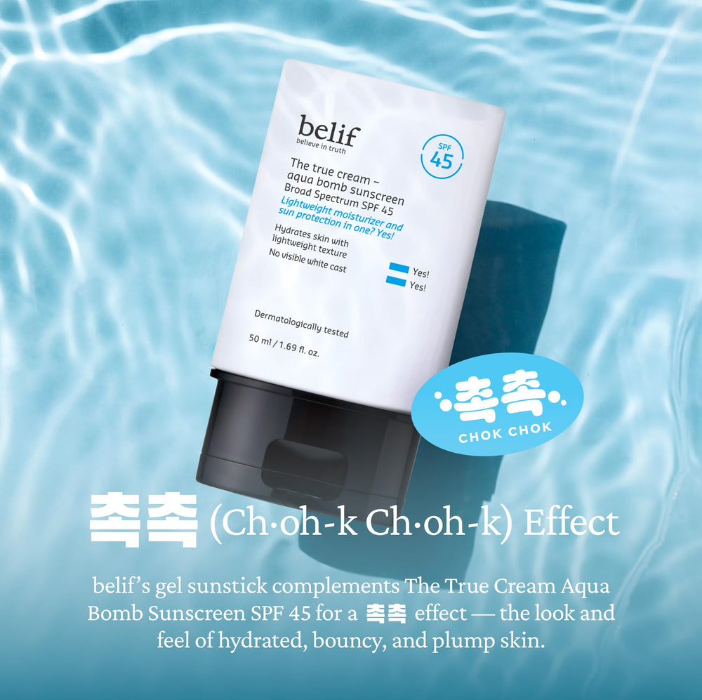 belif Aqua Bomb SPF45, formule légère et absorption rapide sur visage et cou.