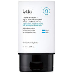 belif Aqua Bomb SPF45, emballage clair et moderne pour une routine solaire quotidienne.