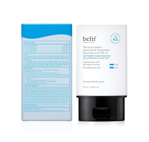 belif Aqua Bomb SPF45, protection solaire quotidienne pour une peau saine et hydratée.