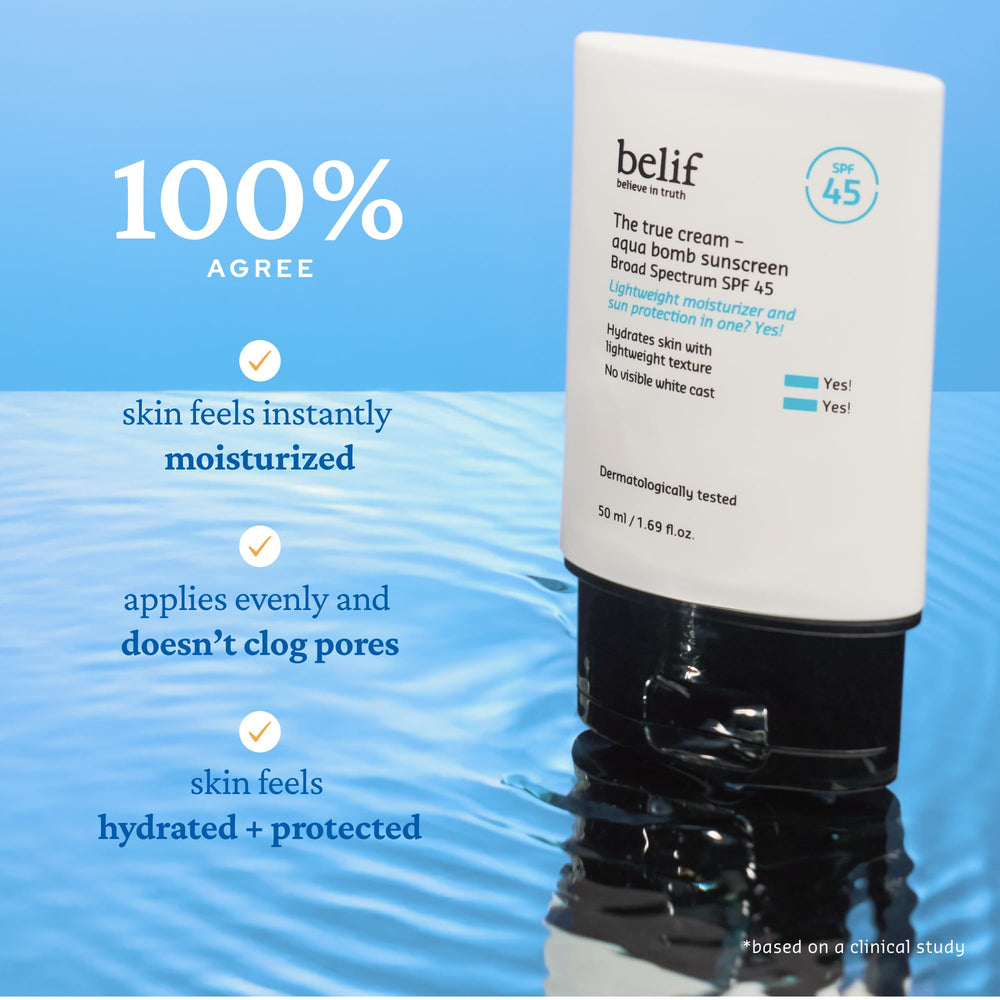 belif Aqua Bomb SPF45, protection UVA/UVB efficace sans résidu blanc.
