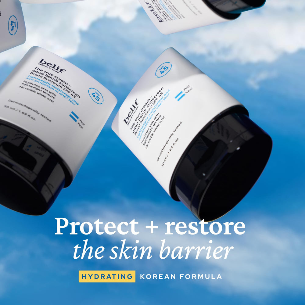 belif Aqua Bomb SPF45, texture légère prête à pénétrer sans fini gras.