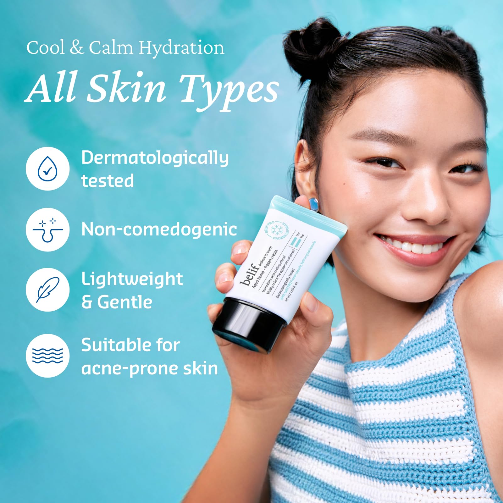 Belif Aqua Bomb: formule dermatologiquement testée et non comédogène.