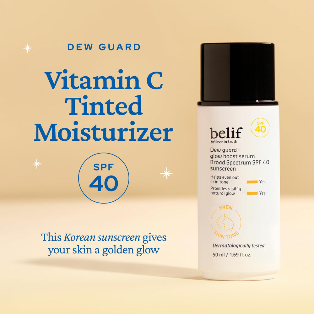 Belif Dew Guard Glow Tint avec niacinamide et vitamine C pour luminosité.