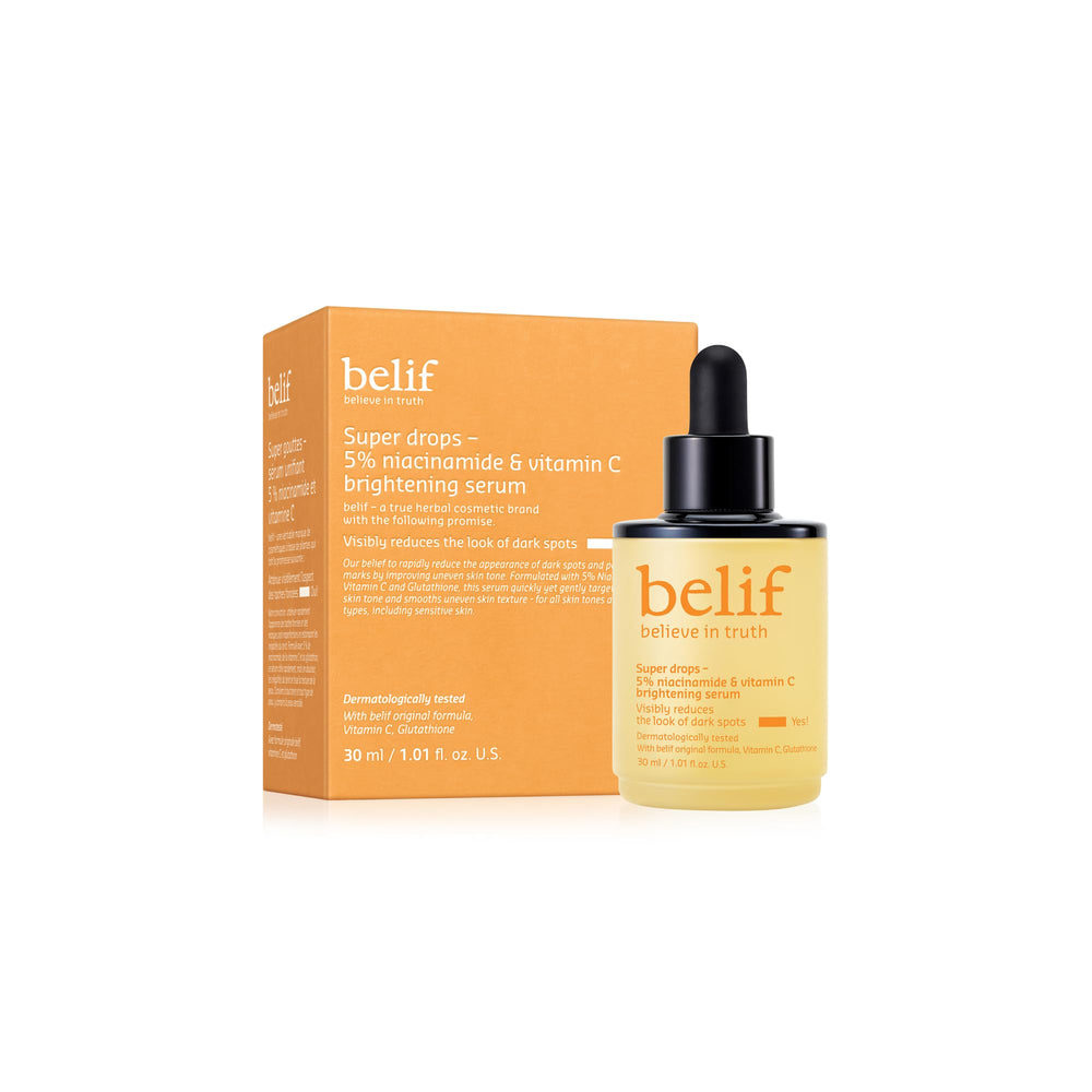 Belif Niacinamide 5% Vitamine C sérum, bouteille-pipette, application précise pour un teint uniforme.
