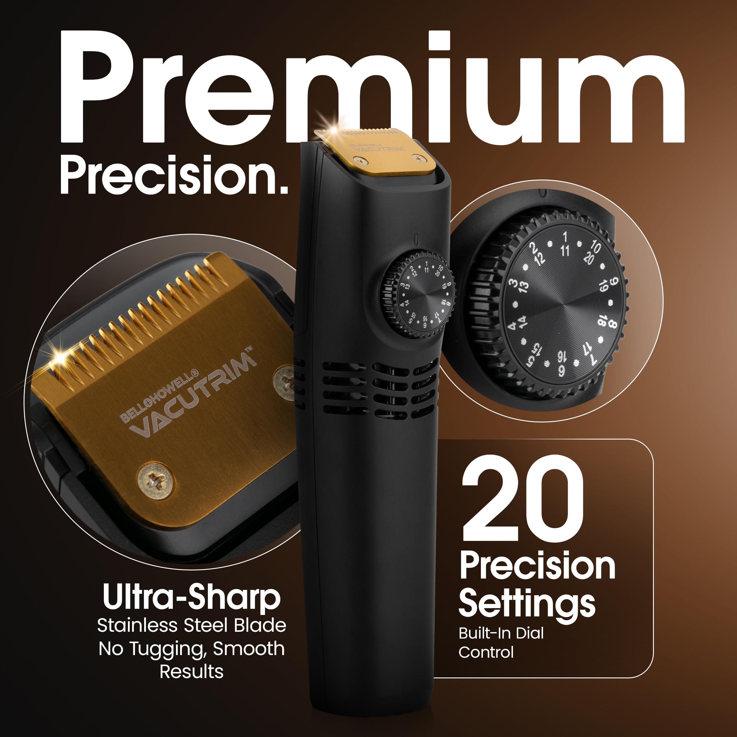 Bell+Howell Vacutrim vue sur les lames en acier inoxydable, coupe douce et durable