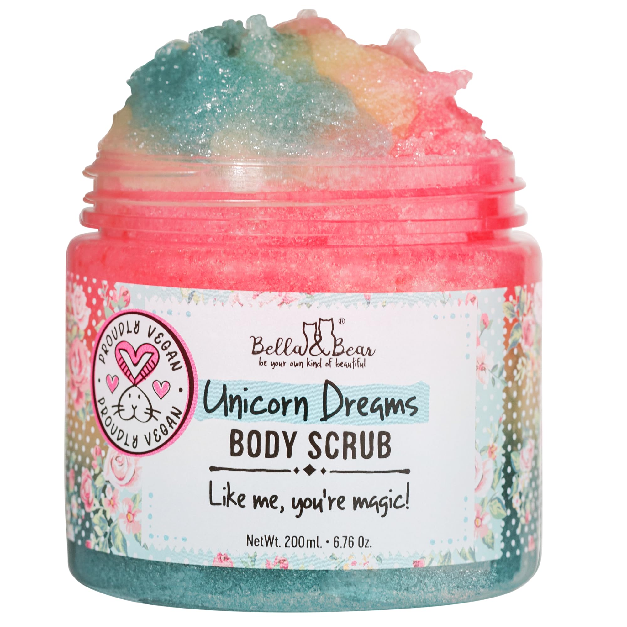 Bella & Bear gommage corps rêve licorne - flacon élégant pour une peau rayonnante.