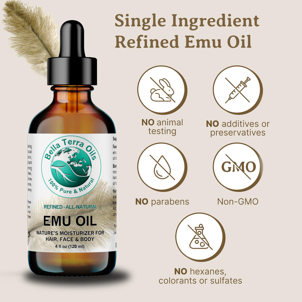Huile Emu Bella Terra Oils pour cheveux, apporte brillance et douceur.