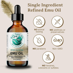 Huile Emu Bella Terra Oils pour cheveux, apporte brillance et douceur.