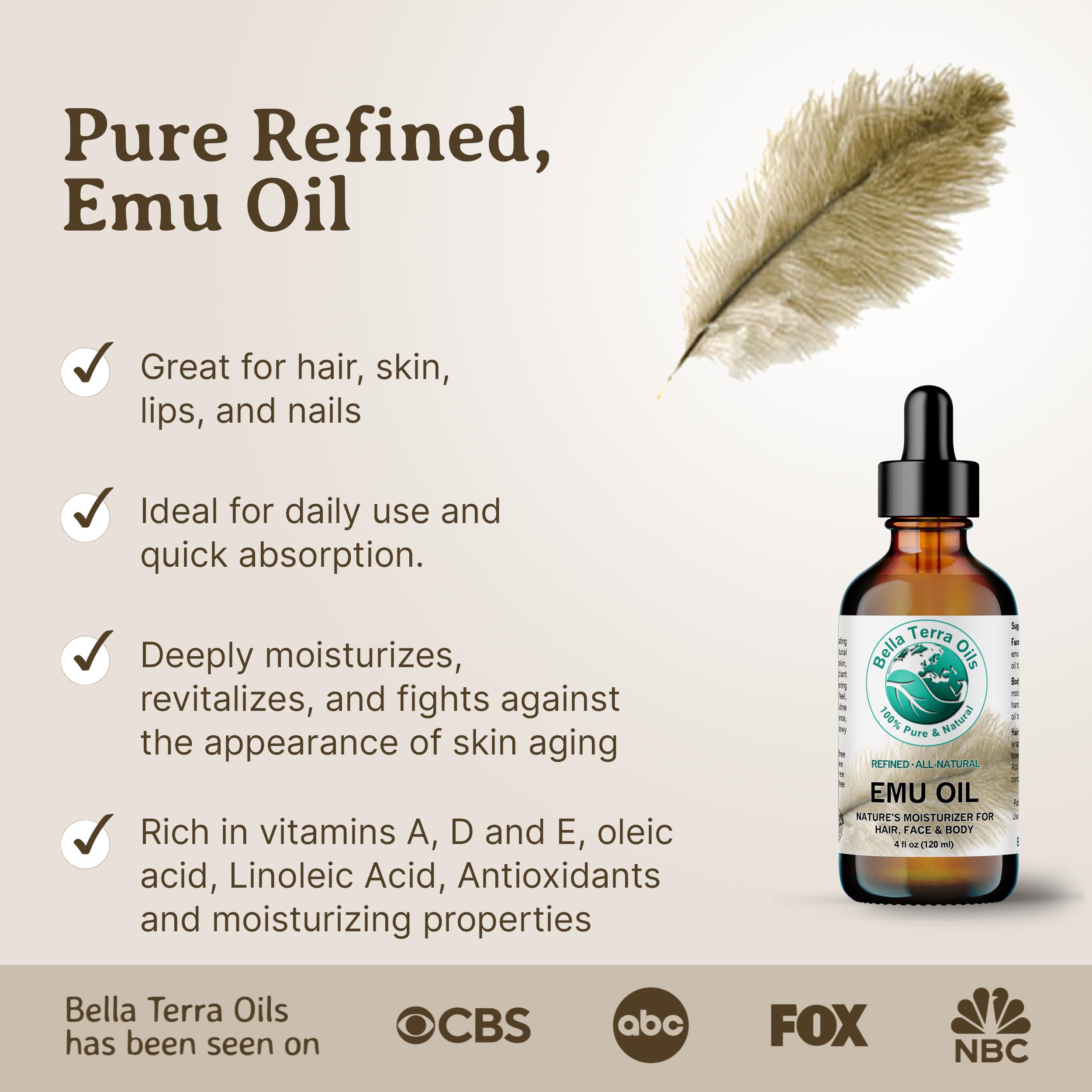 Huile Emu Bella Terra Oils pour peau, texture légère et hydratante.